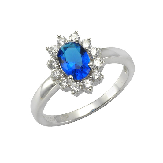 ZEEme Silver - Damen-Ring aus 925 Sterling Silber rhodiniert mit Glasstein in blau + 18x Zirkonia in weiß