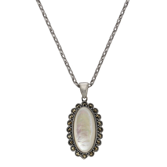 Zeeme Gemstones - Damen-Halskette aus 925 Sterling Silber rhodiniert 45cm lang mit weißem Perlmut und Markasit-Steinen