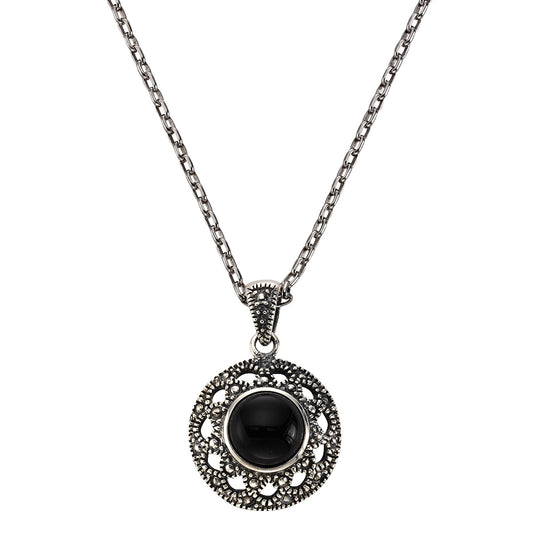 Zeeme Gemstones - Damen-Halskette aus 925 Sterling Silber oxydiert 45cm lang mit schwarzem Achat 10mm