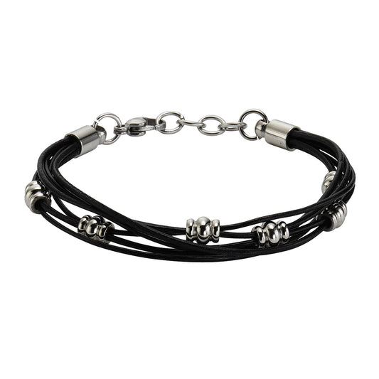 Zeeme Stainless Steel - Damen-Armband aus schwarzem Leder 6-reihig mit Kugeln aus Edelstahl 19,5+2cm lang