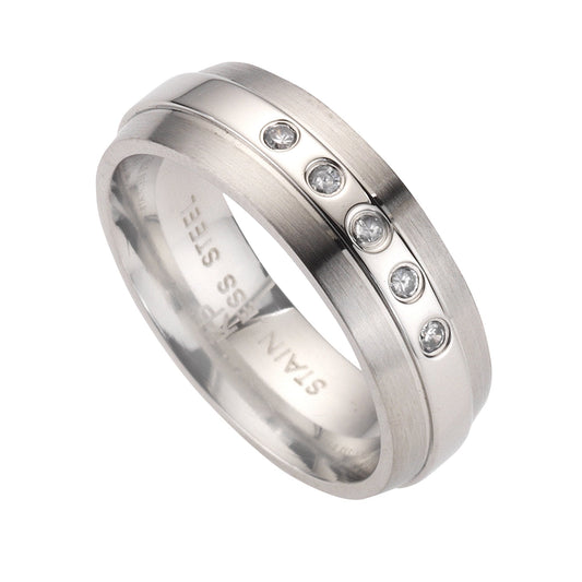 Zeeme Stainless Steel - Damen-Ring aus Edelstahl glanz matt mit weißen Zirkonia-Steinen 6mm breit