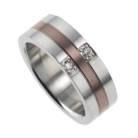 Zeeme Stainless Steel - Damen-Ring aus Edelstahl zweifarbig 7mm breit mit weißen Kristall-Steinen