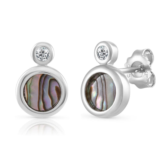 Ohrringe 925 Silber vergoldet mit Abalone und Zirkonia. Die Silberohrringe haben 8,5mm Breite und 12mm Länge.
