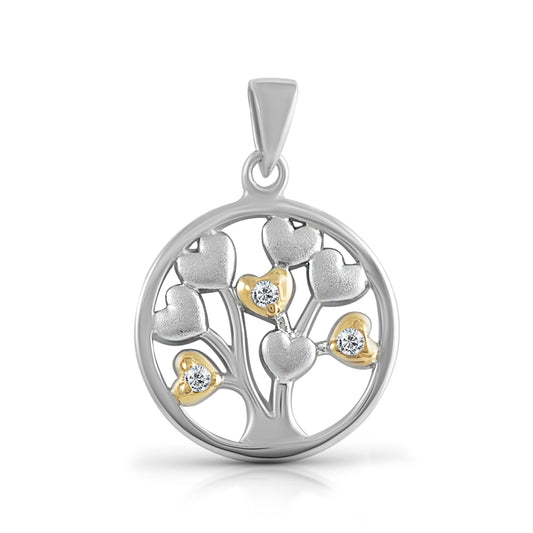 Anhänger mit Lebensbaum aus 925/- Sterling Silber bicolor mit 14,5mm Durchmesser, 21mm Länge und 3x Zirkonia in weiß.