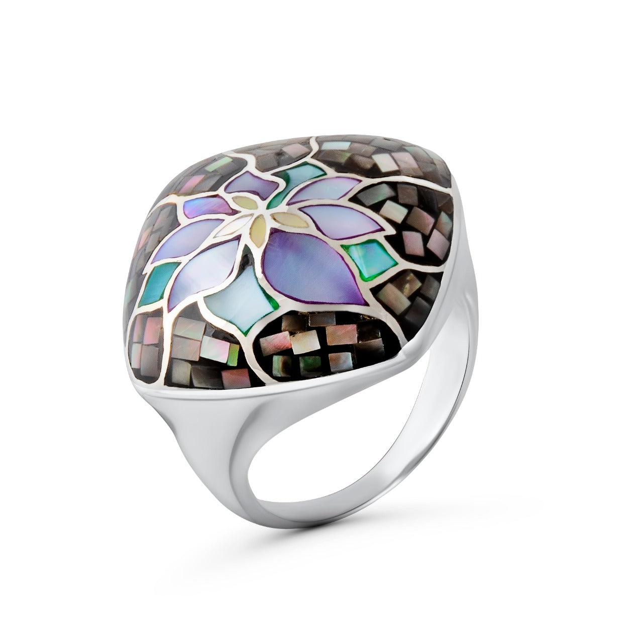 Ring  925 Silber rhodiniert mit mehrfarbigen Perlmuttstücken, die ein Blütenmosaik bilden.