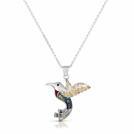 Kette 925 Silber rhodiniert mit Kolibri Anhänger. Der Silberanhänger ist mit mehrfarbigem Perlmutt, Abalone und Zirkonia verziert. Die Halskette hat eine Länge von 44+3cm.