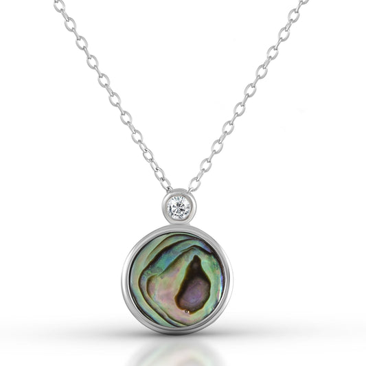 Kette 925 Silber rhodiniert mit Abalone und Zirkonia in weiß. Der Anhänger hat einen Durchmesser von 11,5mm und eine Länge von 16mm. Die Halskette ist 45cm lang.