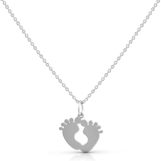 Damen Halskette 925 Silber rhodiniert mit Babyfüße. Der Anhänger hat eine Breite von 19mm und eine Länge von 23mm. Die Kette eine eine Länge von 42+3cm.