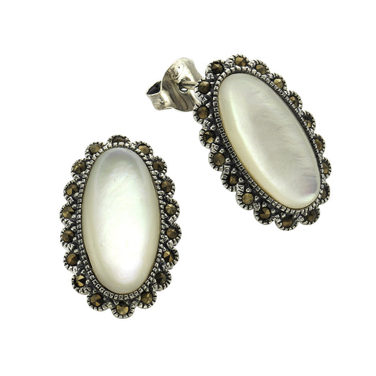 Zeeme Gemstones - Damen-Ohrstecker aus 925 Sterling Silber oxydiert mit weißem Perlmutt und schwarzen Markasit-Steinen