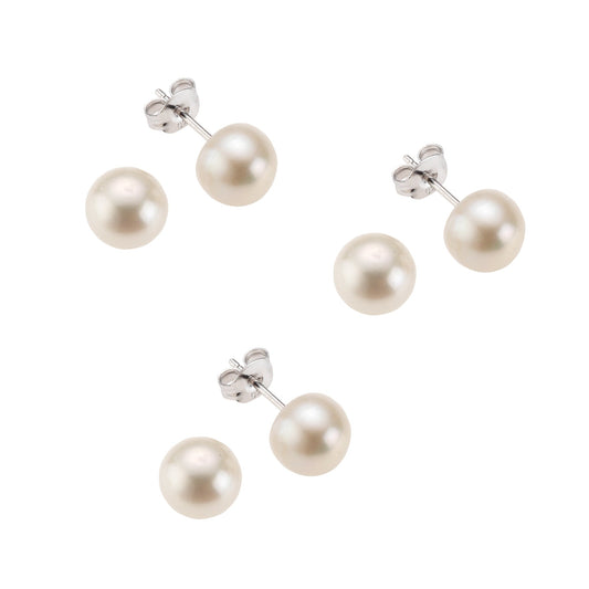 Ohrringe 925 Silber rhodiniert - Perlohrsctecker Set (3 Paar). Die Süßwasserzuchtperlen haben einen Durchmesser von 8mm.