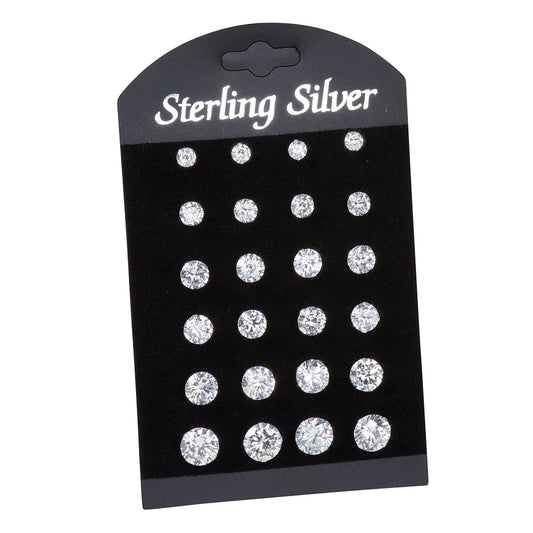 Ohrringe Set Damen Ohrstecker 925 Silber rhodiniert 12er Set mit runden Zirkonia-Steinen in verschiedenen Größen