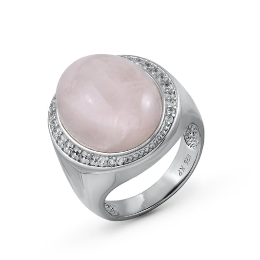 Zeeme Gemstones - Damen-Ring aus 925 Sterling Silber rhodiniert mit echtem Rosaquarz und 26 Zirkonia-Steinen