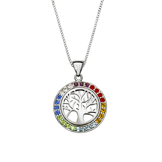 Zeeme Silver - Damen-Halskette aus 925 Sterling Silber rhodiniert 40/45cm lang mit Lebensbaum-Motiv und bunten Kristallen