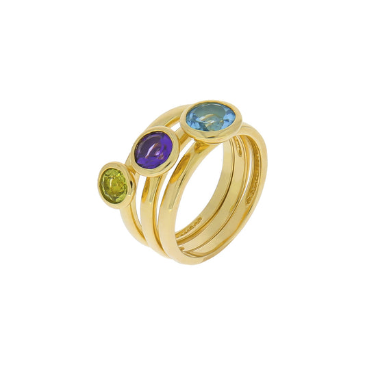 Zeeme Gemstones - Damen-Ring-Set aus 925 Sterling Silber vergoldet mit Blautopas 7mm Peridot 5mm Amethist 6mm
