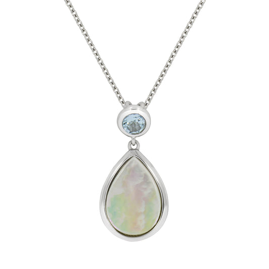 Zeeme Gemstones - Damen-Halskette aus 925 Sterling Silber rhodiniert 42+5cm lang mit weißem Perlmutt und Blautopas (beh.)