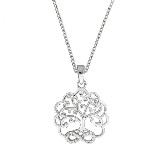 Zeeme Silver - Damen-Halskette aus Silber 925 rhodiniert 45cm lang mit Lebensbaum-Motiv und weißen Zirkonia-Steinen