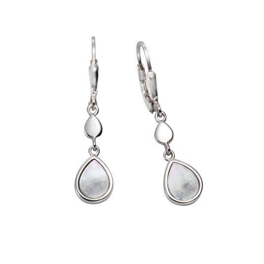 Ohrringe 925 Silber rhodiniert mit Perlmutt Tropfen. Die Silberohrringe haben eine Gesamtlänge von 3,5cm.
