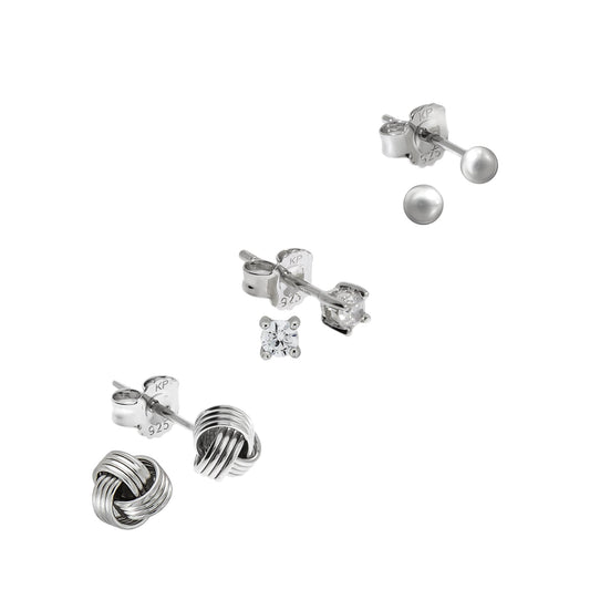 Ohrringe 925 Silber rhodiniert Set 3 Paar weiß