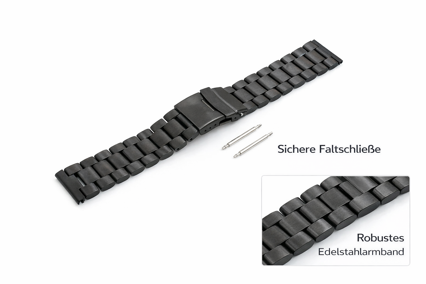 SYSTEM-S 22mm Edelstahl-Uhrenarmband – Schwarz – mit Faltschließe und Federstegen