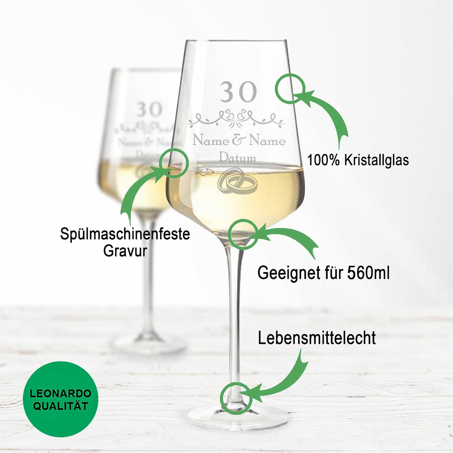 Leonardo Weingläser im "Perlenhochzeit - 30 Jahre" Design als Set